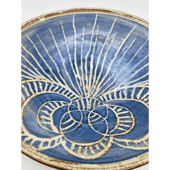 Marguerite Rost Studio Ceramic Bowl California MCM Sgrafitto Blue Starburst Sun - Picture 2 of 6